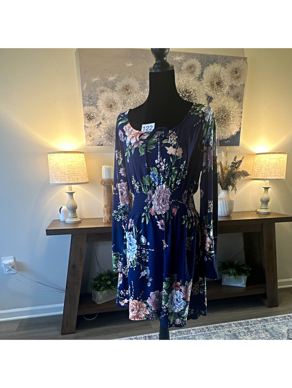 No Boundaries Navy Floral Knit Stretch Smocked Waist Fit & Flare Dress XXL (19)
